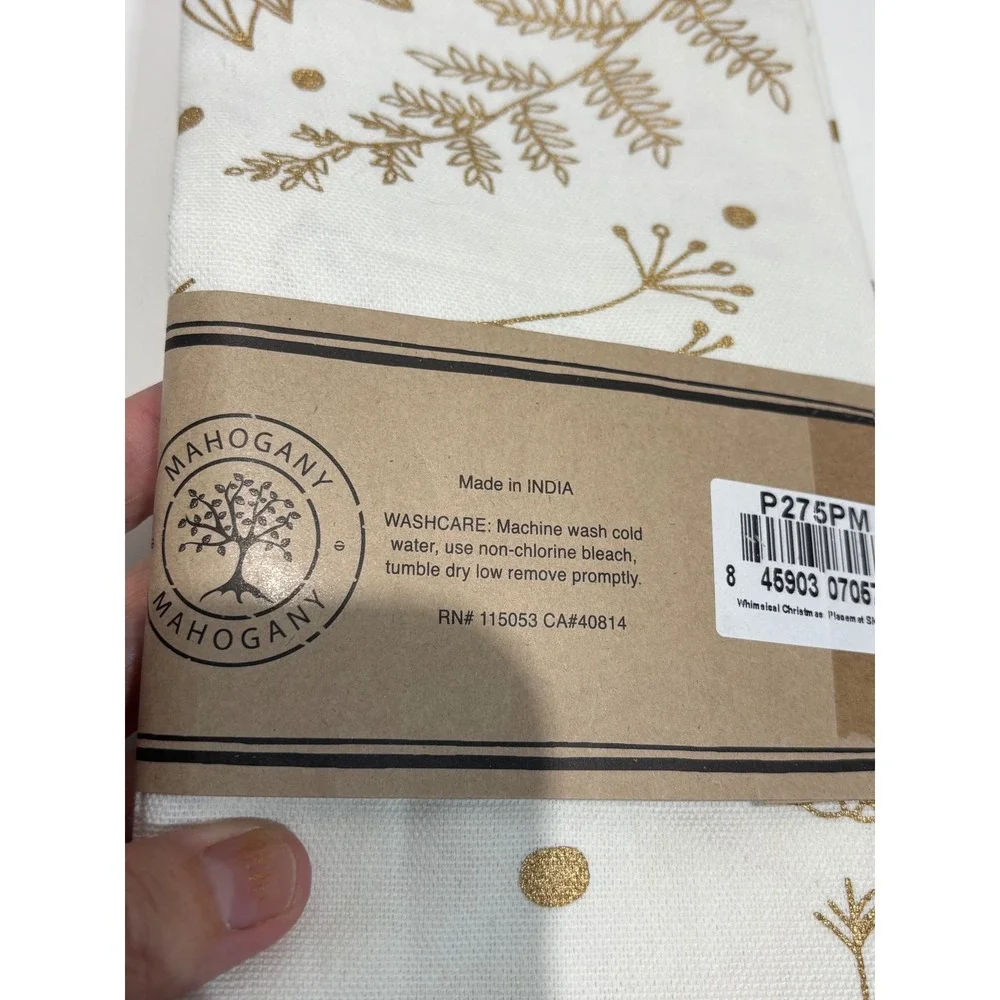 Mahogany 4 Placemats 4 Napkins Set 8pc White Gold Pinecone Cotton Holiday Decor